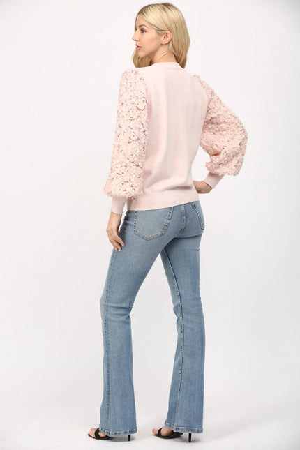 Contrast 3D Floral Lace Slv Crew Neck Sweater BLUSH