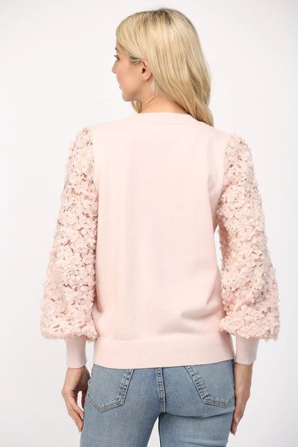 Contrast 3D Floral Lace Slv Crew Neck Sweater BLUSH