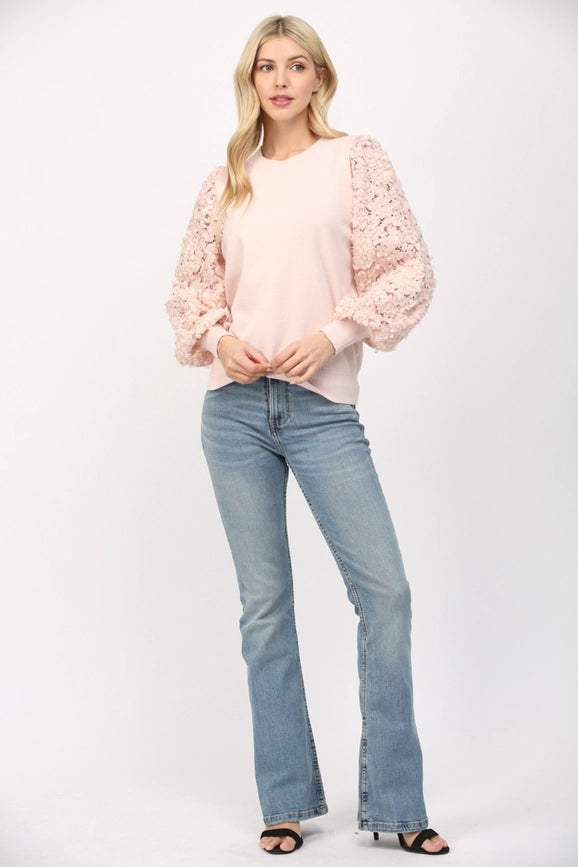 Contrast 3D Floral Lace Slv Crew Neck Sweater BLUSH