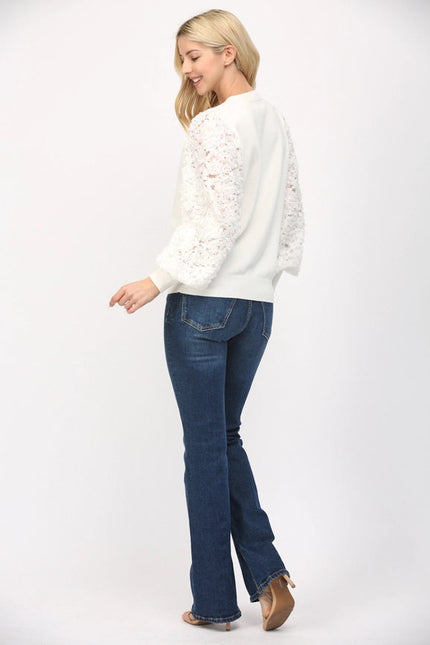 Contrast 3D Floral Lace Slv Crew Neck Sweater CREAM