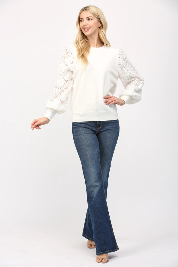 Contrast 3D Floral Lace Slv Crew Neck Sweater CREAM