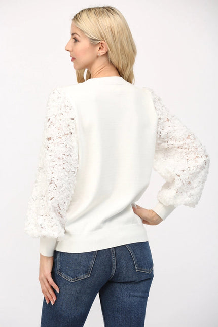 Contrast 3D Floral Lace Slv Crew Neck Sweater CREAM