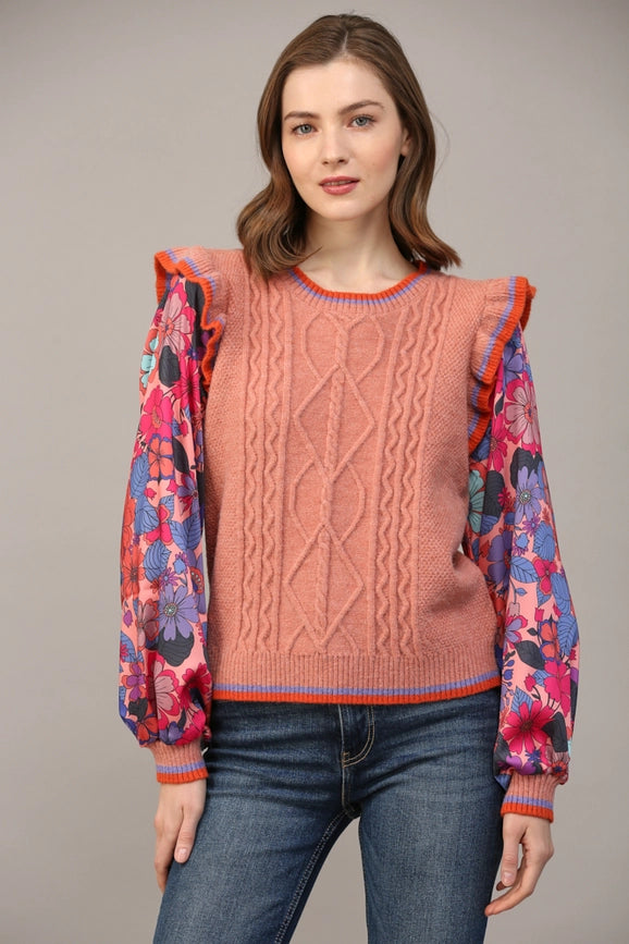 Contrast Floral Print Slv Ruffle Sweater