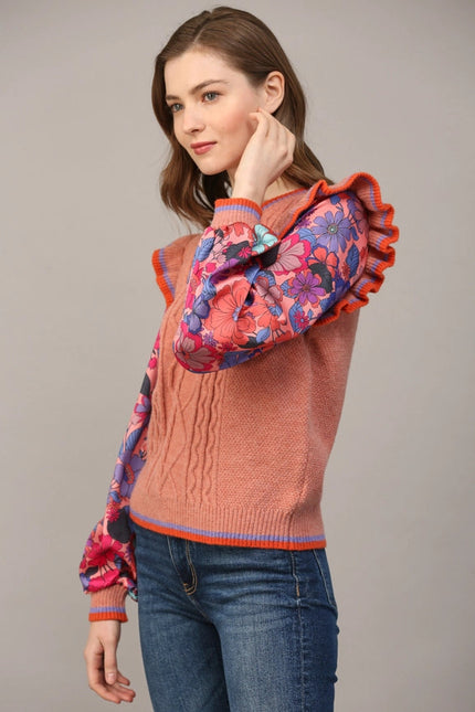 Contrast Floral Print Slv Ruffle Sweater