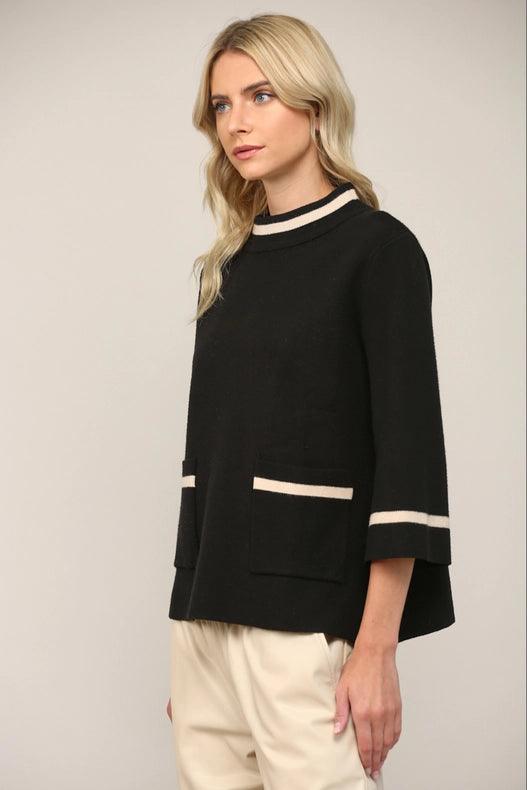 Contrast Lurex Yarn Mock Neck Sweater BLACK/GOLD