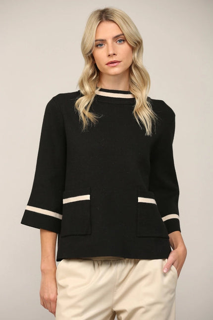 Contrast Lurex Yarn Mock Neck Sweater BLACK/GOLD