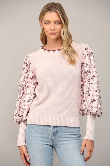 Contrast Woven Juliette Slv Crew Neck Sweater