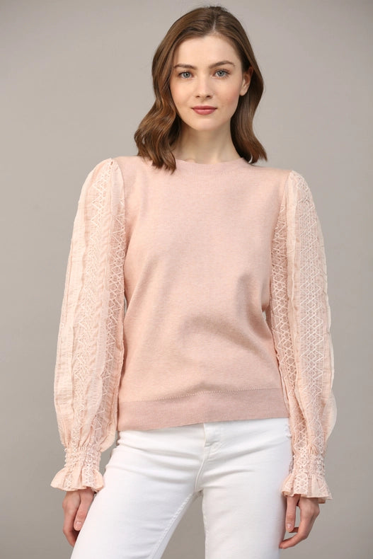 Contrast Woven Slv Crew Neck Sweater BLUSH