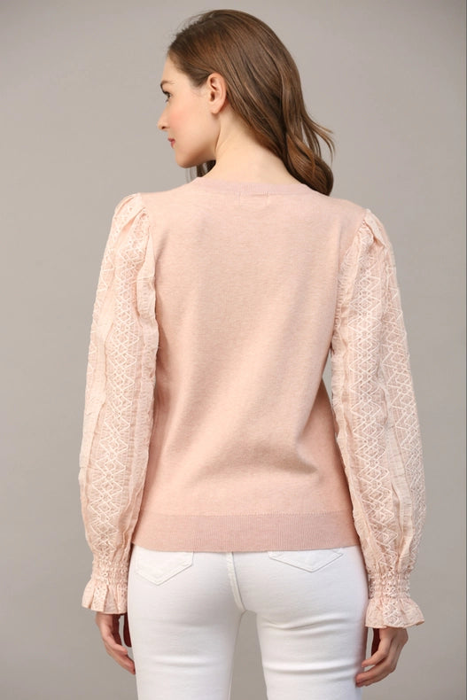 Contrast Woven Slv Crew Neck Sweater BLUSH