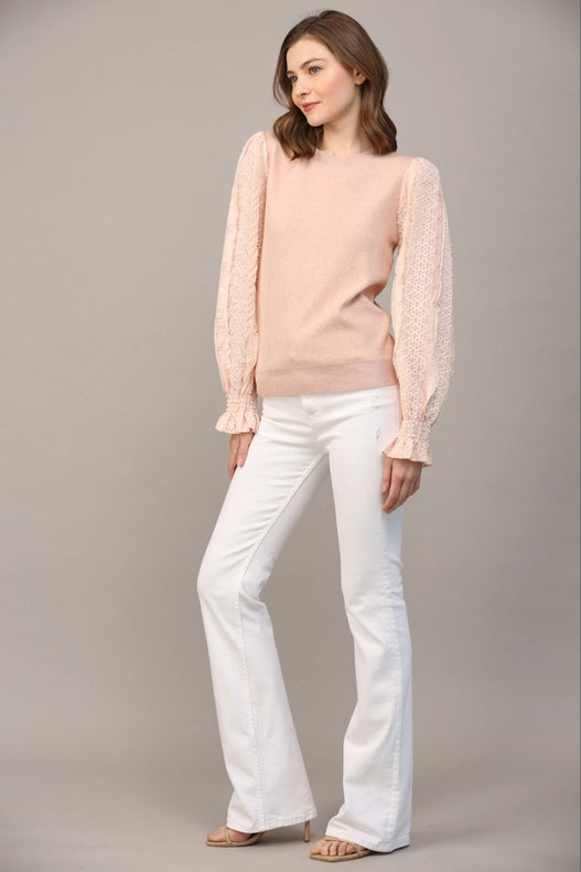 Contrast Woven Slv Crew Neck Sweater BLUSH