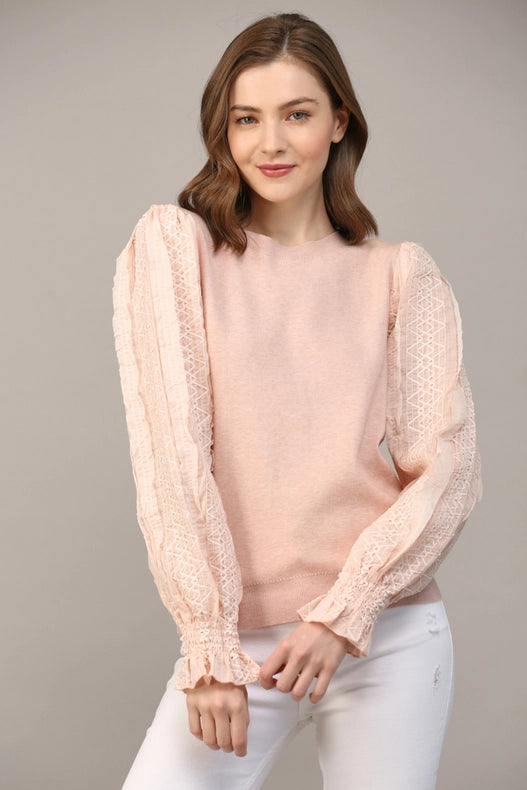 Contrast Woven Slv Crew Neck Sweater BLUSH