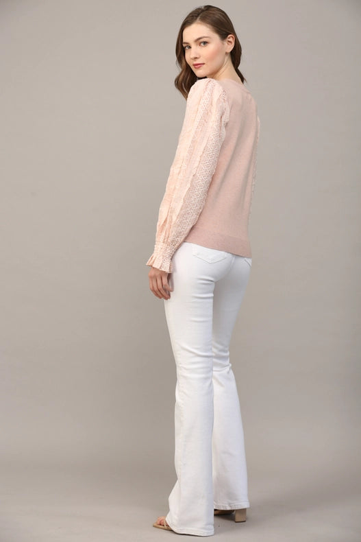 Contrast Woven Slv Crew Neck Sweater BLUSH