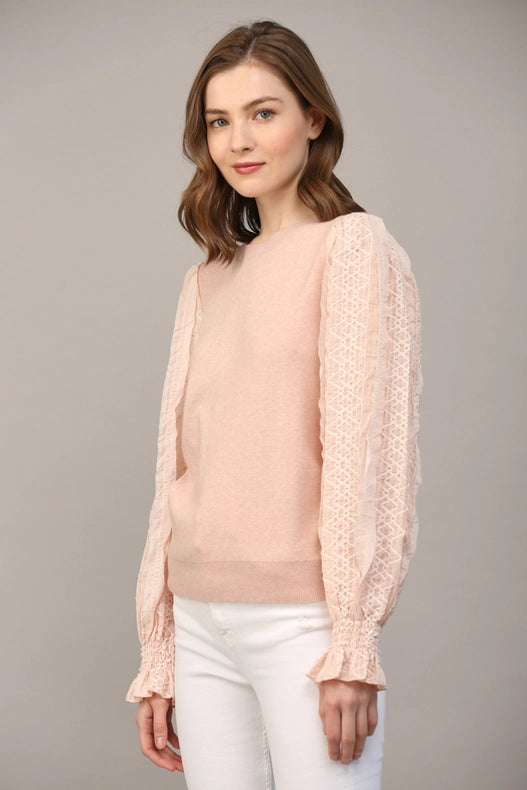 Contrast Woven Slv Crew Neck Sweater BLUSH