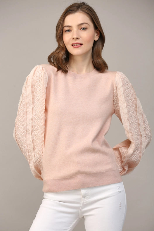 Contrast Woven Slv Crew Neck Sweater BLUSH