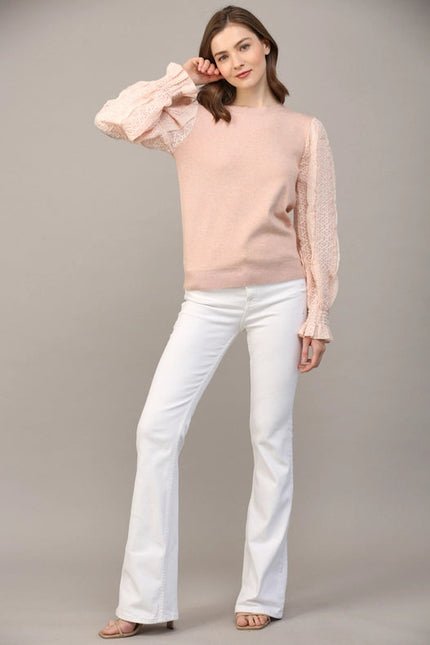 Contrast Woven Slv Crew Neck Sweater BLUSH