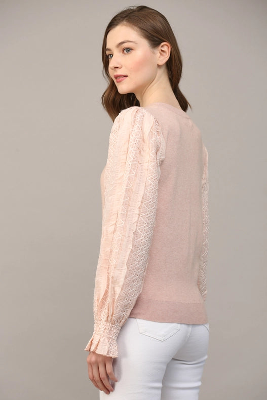 Contrast Woven Slv Crew Neck Sweater BLUSH