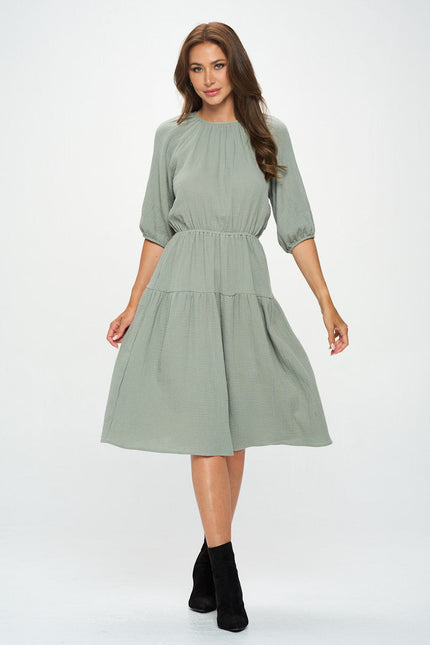 Cotton 3/4 Sleeve Tiered Midi Dress-1