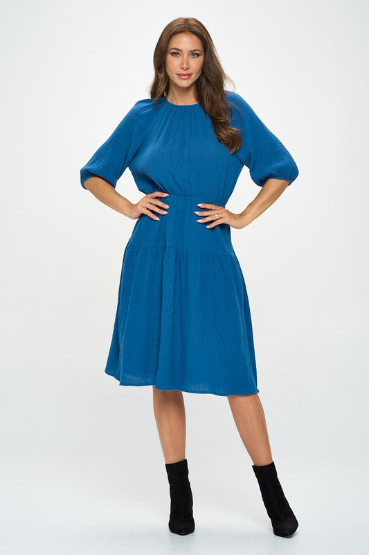 Cotton 3/4 Sleeve Tiered Midi Dress-1