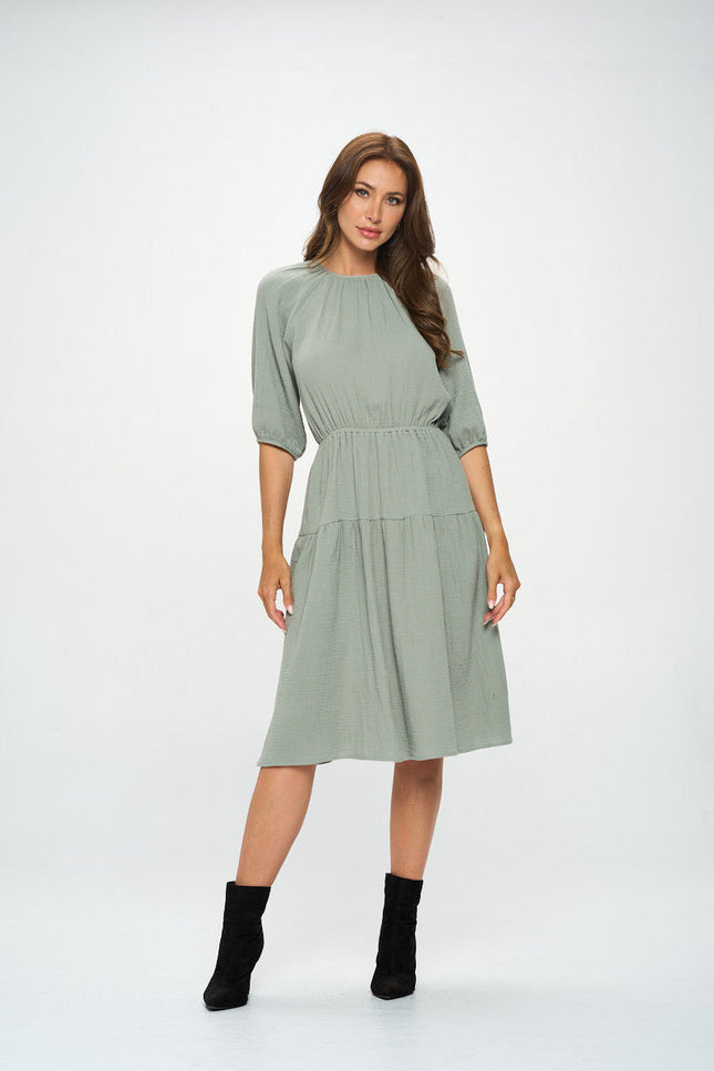 Cotton 3/4 Sleeve Tiered Midi Dress-2