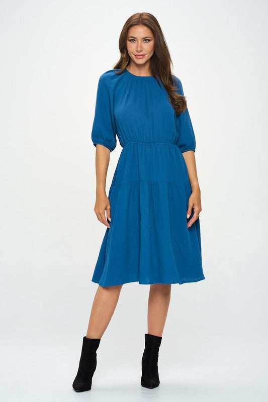 Cotton 3/4 Sleeve Tiered Midi Dress-2