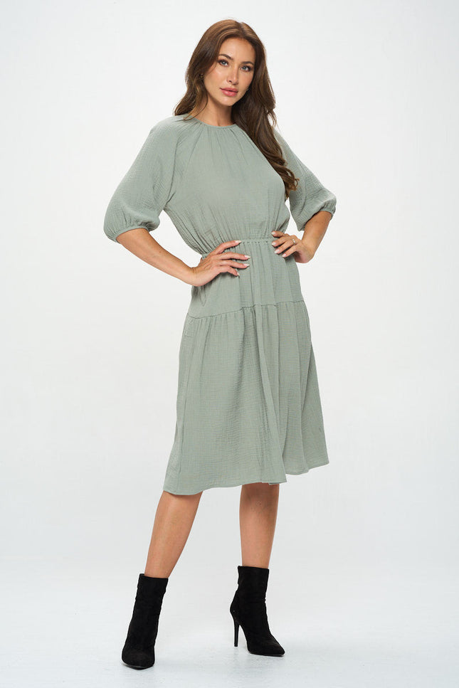 Cotton 3/4 Sleeve Tiered Midi Dress-3