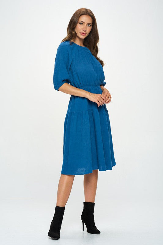 Cotton 3/4 Sleeve Tiered Midi Dress-3