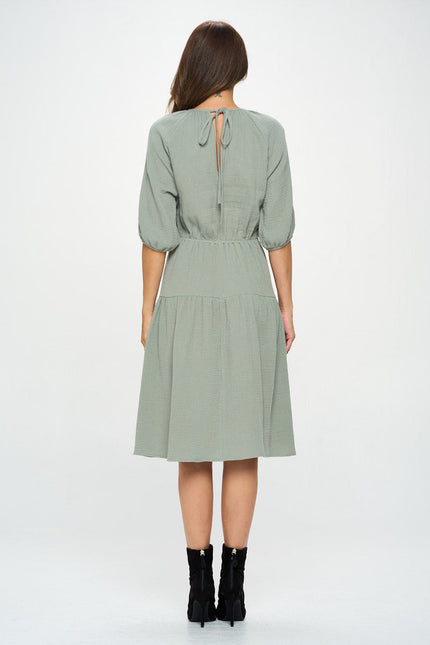 Cotton 3/4 Sleeve Tiered Midi Dress-4