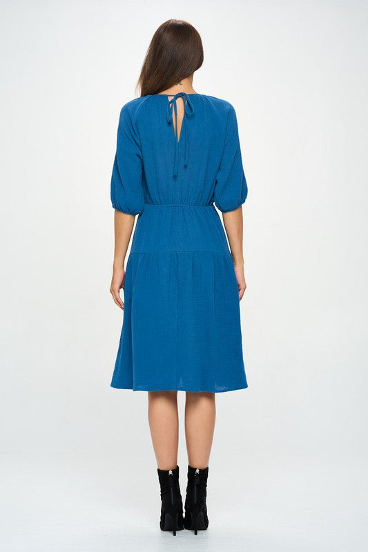 Cotton 3/4 Sleeve Tiered Midi Dress-4