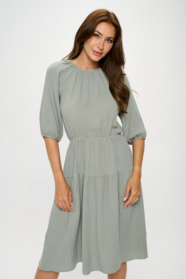 Cotton 3/4 Sleeve Tiered Midi Dress-0