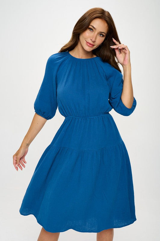 Cotton 3/4 Sleeve Tiered Midi Dress-0