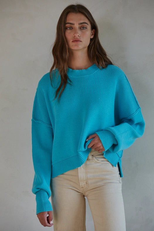 Cotton Acrylic Ribbed Knit Sweater Aqua Blue