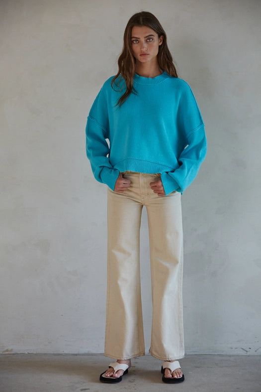 Cotton Acrylic Ribbed Knit Sweater Aqua Blue