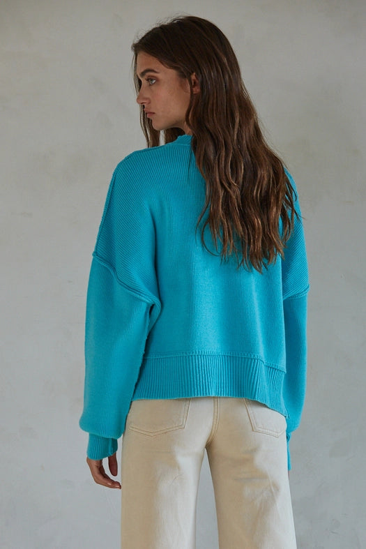 Cotton Acrylic Ribbed Knit Sweater Aqua Blue