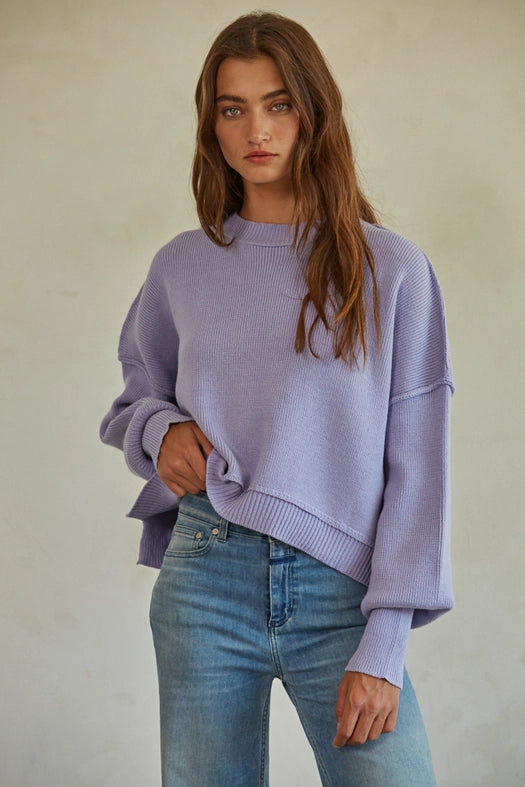 Cotton Acrylic Ribbed Knit Sweater Blue Lavender