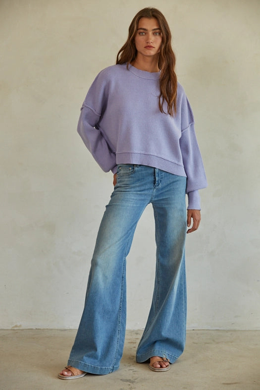 Cotton Acrylic Ribbed Knit Sweater Blue Lavender