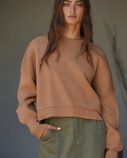 Cotton Acrylic Ribbed Knit Sweater Camel