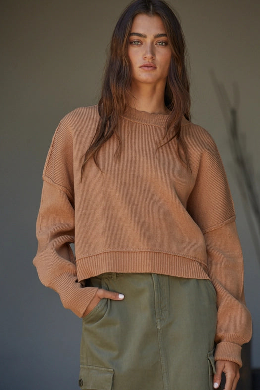 Cotton Acrylic Ribbed Knit Sweater Camel