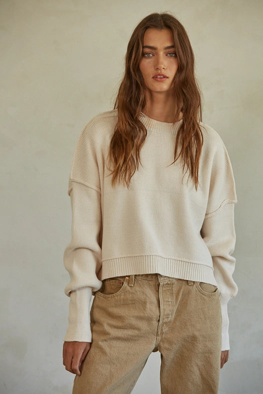 Cotton Acrylic Ribbed Knit Sweater Natural