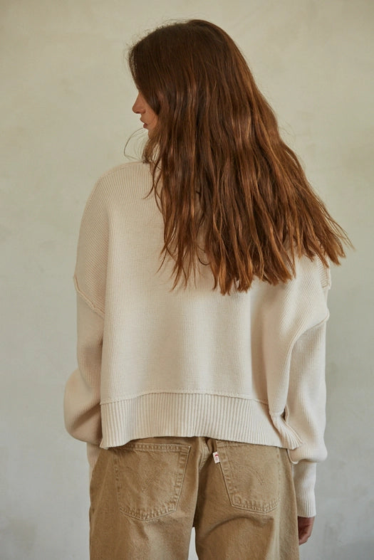 Cotton Acrylic Ribbed Knit Sweater Natural