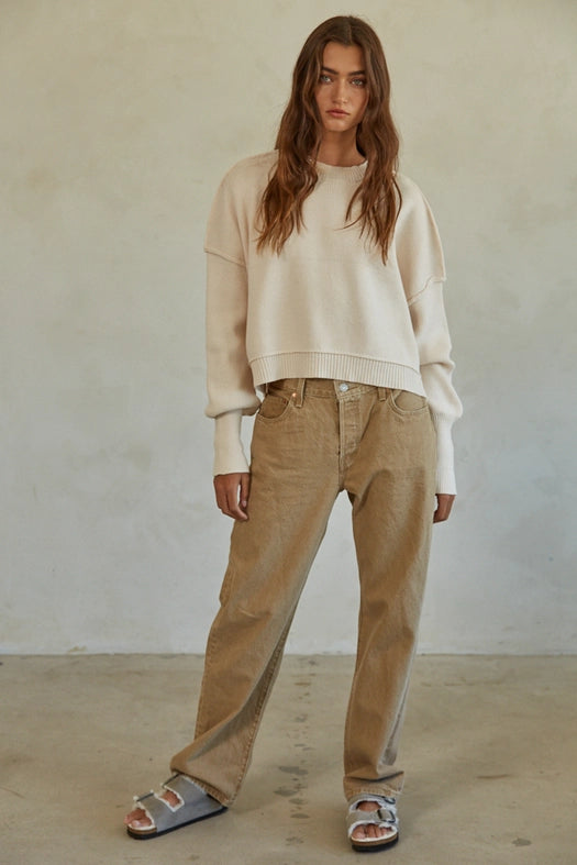 Cotton Acrylic Ribbed Knit Sweater Natural