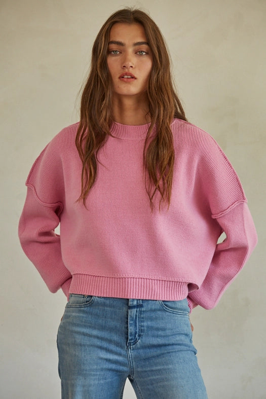 Cotton Acrylic Ribbed Knit Sweater Pink