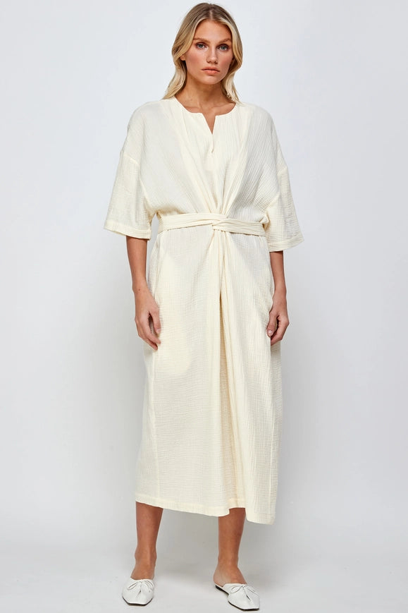 Cotton Gauze Half-Sleeve Tie Dress-Dress-amente-S/M-Cream-Urbanheer