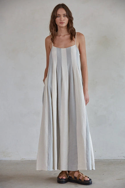 Cotton Gauze Striped Cami Pintuck Midi Dress