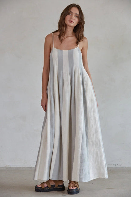 Cotton Gauze Striped Cami Pintuck Midi Dress