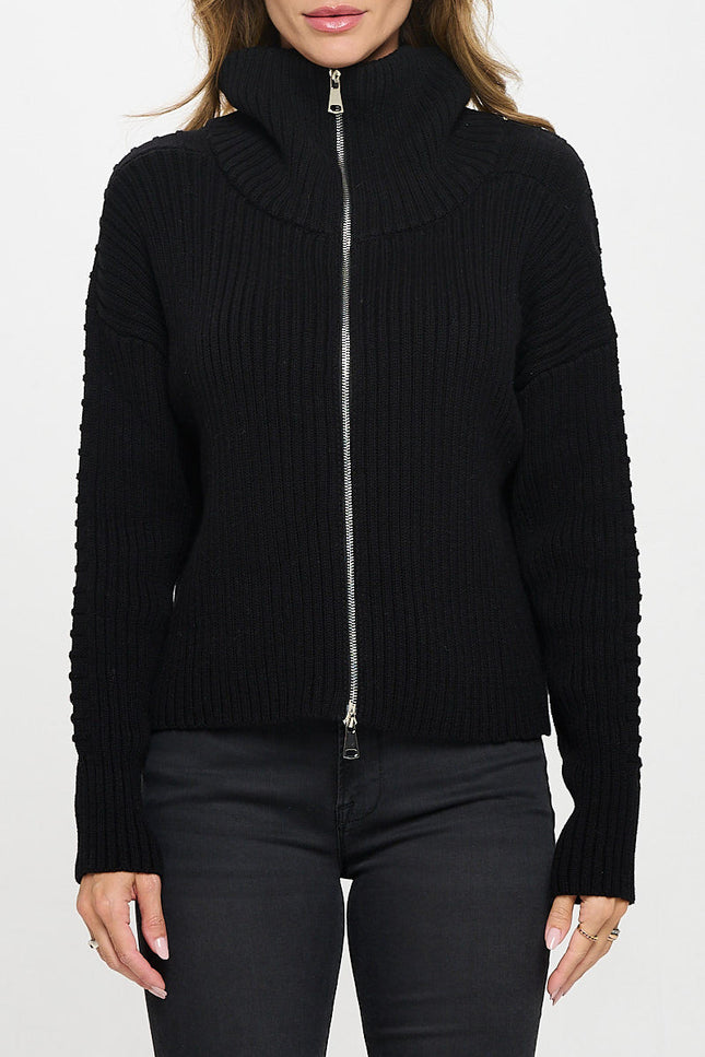 Cotton Knit Detail Long Sleeve Zip Up Sweater-1