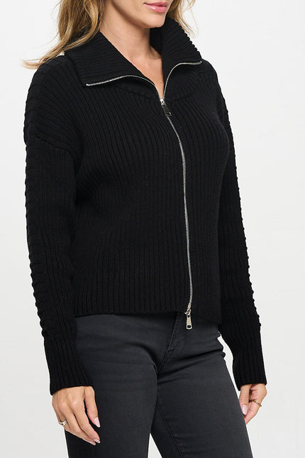 Cotton Knit Detail Long Sleeve Zip Up Sweater-2