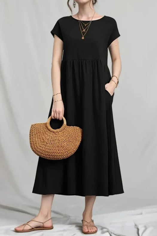 Cotton Linen Solid Short Sleeve Midi Dress (7 Colors)