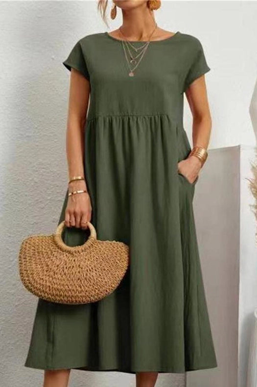 Cotton Linen Solid Short Sleeve Midi Dress (7 Colors)