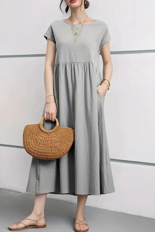 Cotton Linen Solid Short Sleeve Midi Dress Grey