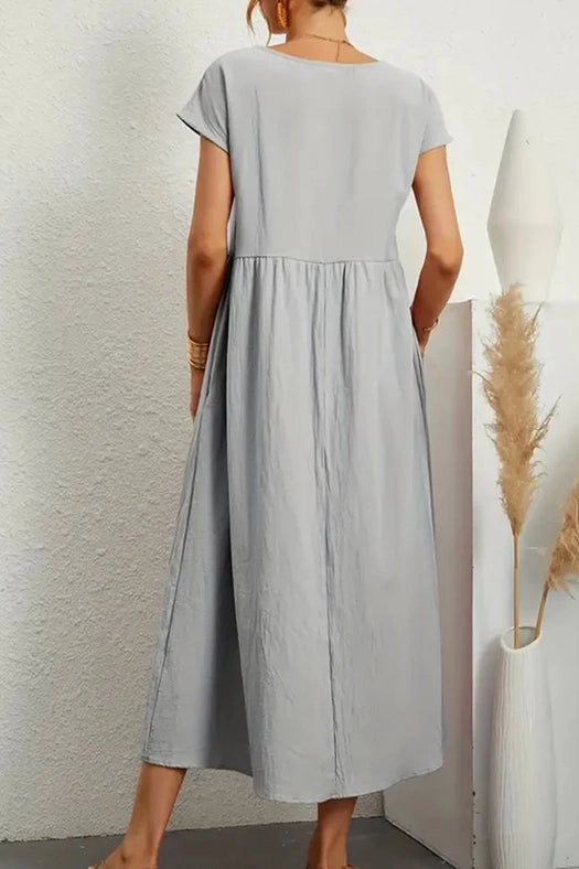 Cotton Linen Solid Short Sleeve Midi Dress Grey